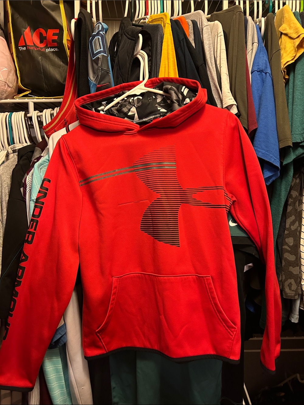Kids Under Armour Red Pullover Hoodie with Graphic Logo